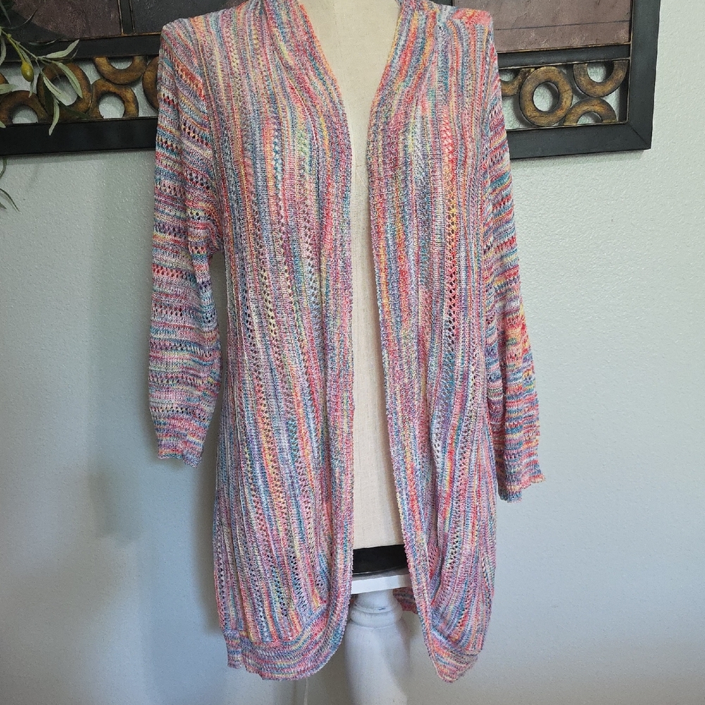 CJ Banks Colorful Striped Open-Front Cardigan